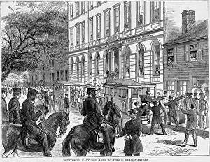 Ink Drawing Prints: Delivering Captured Arms at Police Headquarters Newspaper Illustration