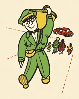 Delivery Prints: Deliveryman and Family Walking on a Sidewalk