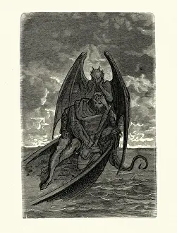 Demon devil haunting a man marooned at sea on sinking boat
