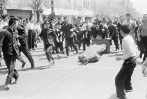 Demonstrators Dragging Statue of President Syngman Rhee