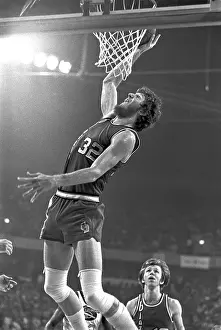 Prints of DENVER, CO - MAY 1, 1977: Portland Trail Blazers center Bill Walton #32 slam dunks the basketball during an NBA playoff game against the Denver Nuggets at McNichols Arena on May 1, 1977 in Denver Courtside Vibes: Stunning Basketball Prints: Denver Nuggets v Portland Trail Blazers, 5-1-77 revised