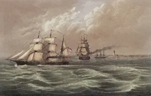 Depiction of Military Vessels Offshore near Lighthouse