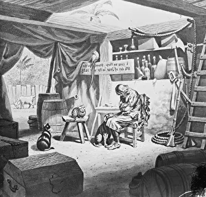 Prints of (Original Caption). Daniel Dafoe's Robinson Crusoe. His hut and animal companions Timeless Visions: Icons of Art and History: Depiction of Robinson Crusoe Alone with Animals in Makeshift Dwelling