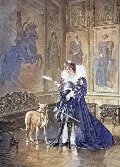 Restoration Prints: In der Ahnengalerie, Vornehme Dame mit Junge und Hund steht vor den Gemaelden der Ahnen
