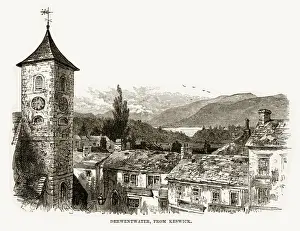 Derwent water from Keswick, England Victorian Engraving, 1840