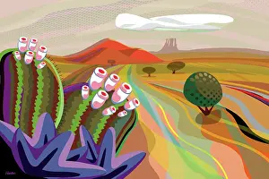Prints of Close-up view of barrel cactus in colorful desert mountain landscape. Partial overcast pattern in sky Quirky Art Illustration Prints: Desert, Cactus, Mountains in distance Landscape Illustration