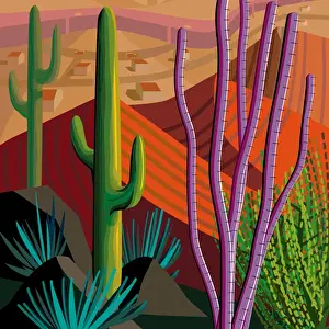 Afternoon Prints: Desert, Cactus, Mountains Landscape Illustration in Square Format