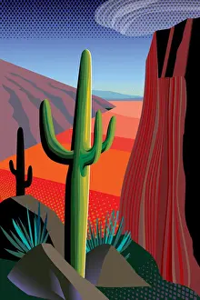 Desert, Saguaro Cactus, Mountains Landscape Illustration