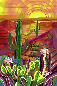 Prints of Close-up of ocotillo, saguaro and cholla cactus in modern style desert mountain landscape illustration in warm red, yellow and orange sunset or sunrise colors Quirky Art Illustration Prints: Desert, Saguaro Cactus, Mountains Landscape Illustration in warm sunset sunrise colors