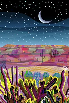 Prints of Close-up of ocotillo and cholla cactus in modern style desert mountains in distance landscape illustration in bright night time colors Quirky Art Illustration Prints: Desert, Saguaro and other cactus plants