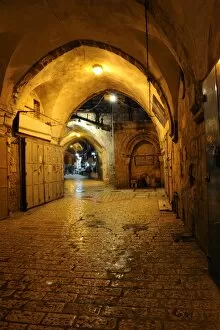 Deserted bazaar street in the evening, Muslim Quarter, Old City, Jerusalem, Israel, Middle East