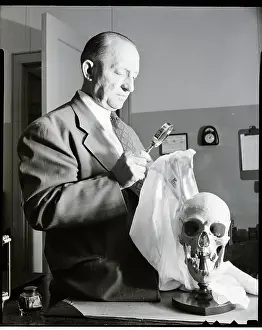 Laundry Prints: Detective Standing Next to Mounted Skull