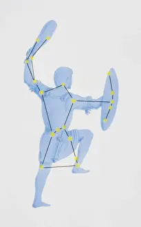 Raising Prints: A diagram illustrating the constellation of Orion complete with image of a hunter raising a bat and shield