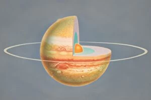 Quarter Gallery: Diagram of planet Jupiter with quarter of sphere removed to reveal subterranean layers, front view