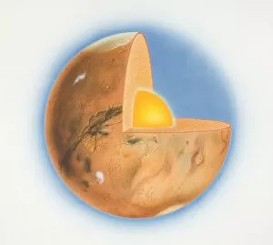 Space Science Gallery: Diagram of planet Mars with quarter of sphere removed to reveal subterranean layers, front view