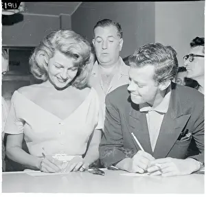 Newlyweds Prints: Dick Haymes and Jack Entratter Watching Rita Hayworth Sign