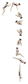 Multiple Image Prints: Different stages of diver performing forward two-and-a-half somersaults with tuck