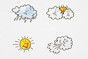 Different weather conditions, raining cloud with sad face, sun with smiley face emerging from behind two sad-faced