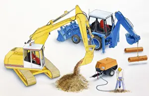 Vehicles Prints: Digger trucks, excavator, and man drilling hole in ground using pneumatic drill and compressor