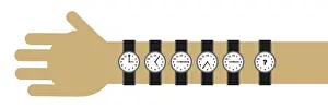 Wristwatch Prints: Digital cartoon of six watches on wrist and arm showing different times and question mark