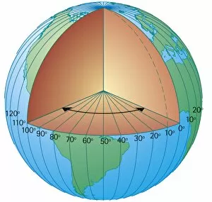 Images Dated 9th May 2011: Digital cross section illustration of showing the lines of longitude measured from the centre of