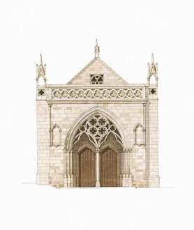 Digital illustration of 14th century Porche du Peuple of Cathedrale St-Tugdual in Treguier, Brittany