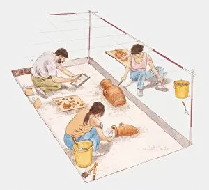 Images Dated 10th July 2009: Digital illustration of archaeologists digging for pottery at ancient site