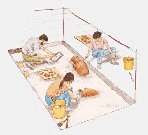 Teamwork Prints: Digital illustration of archaeologists digging for pottery at ancient site