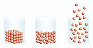 Liquid Gallery: Digital illustration of atoms of solid and liquid gas in beakers