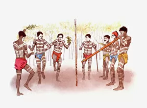 Mid Adult Collection: Digital illustration of Australian Aboriginal men dancing, singing, and playing the didgeridoo