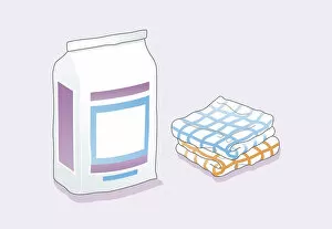 Digital illustration of bag containing powdered grout, and two folded rags