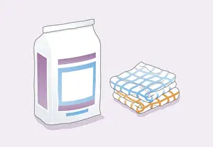 Folded Prints: Digital illustration of bag containing powdered grout, and two folded rags
