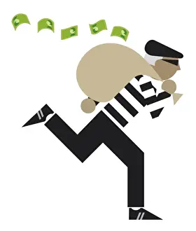 Crime Prints: Digital illustration of bank robber escaping with sack of money