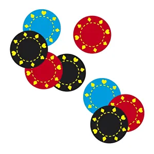 Chance Prints: Digital illustration of black, red and blue gambling chips