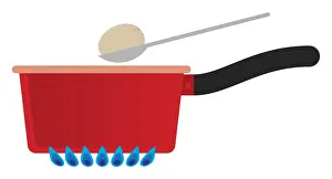 Spoon Prints: Digital illustration of boiled egg on spoon above red saucepan