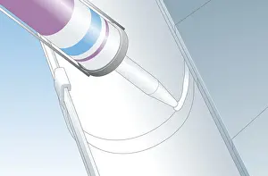 Roof Gutter Prints: Digital illustration of caulk gun used to repair leaking roof gutter joint with mastic