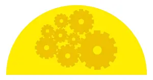 Coordination Prints: Digital illustration of cogs in yellow semi circle