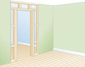 Support Gallery: Digital illustration of doorframe showing trimmer, noggin, lining, and position of shortened studs