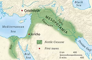 Western Script Gallery: Digital illustration of the fertile crescent of Mesopotamia and Egypt and location of first towns