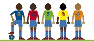 Digital illustration of five football players, rear view