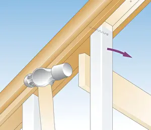 Carpentry Prints: Digital illustration of how to free baluster by using hammer tapped against offcut