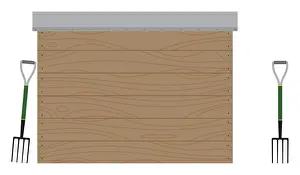 Shed Prints: Digital illustration of two garden forks and shed