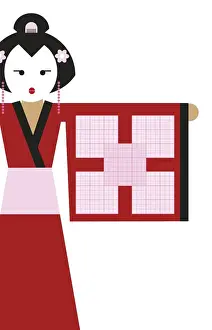 Arms Up Prints: Digital illustration of Geisha with soduku grid on kimono sleeve