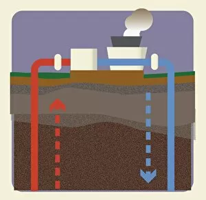 Images Dated 12th May 2010: Digital illustration of geothermal energy power production from Earths resources