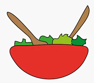 Images Dated 13th May 2010: Digital illustration of green salad and wooden servers in bright red bowl