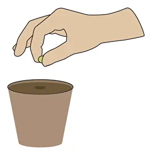 Plant Pot Prints: Digital illustration of hand holding pea above plant pot