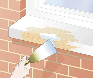 Digital illustration of hand holding trowel near wooden window sill treated with wood-hardening resin, sanded and filler