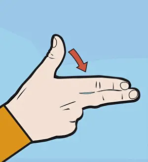 Thumb Prints: Digital illustration of hand sign language representing shooting a handgun