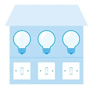 Light Bulb Prints: Digital illustration of lightbulbs and light switches on blue house