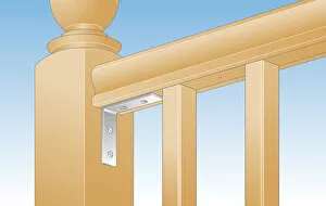 Digital illustration loose handrail secured to newel post with metal bracket